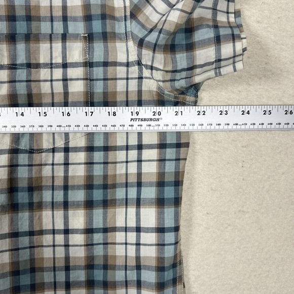 PrAna Shirt Mens Medium Blue Tan Plaid Short Sleeve Button Front Organic Cotton - Picture 7 of 8